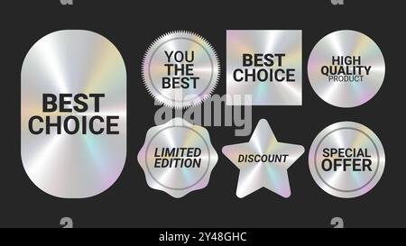 Holografische Aufkleber Logos Emblem Etiketten Farbset. Regenbogenaufkleber. Zur Verpackung von Werbematerial. Aufkleber für Kleidung oder Accessoires. Vektorabbildung. Stock Vektor