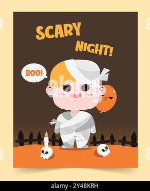 Gruseliges Nachtdesign mit Kind im Mumienkostüm. Vektorabbildungen. Stock Vektor