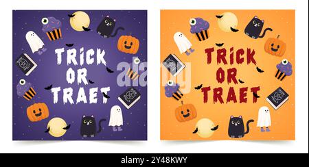 Halloween-Bannerdesign-Set mit „Trick or Treat“. Vektorabbildungen. Stock Vektor