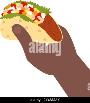 Männlicher Handgriff Taco mit Fleisch, Gemüse und grünen Salatblättern. Vorlage für nationale Taco-Tageskarten. Isoliert auf weißen Vektor-Illustrationskarten, Poster, Flyer, Faltblatt, Banner, Preisschild, Etikett oder Web Stock Vektor