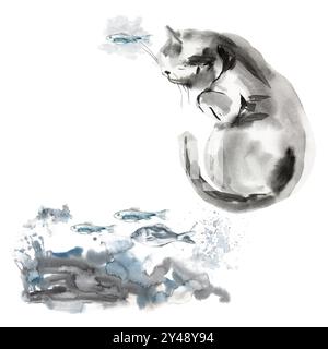 Die Katze liegt auf der Seite und träumt von Fischen. Schlafende Katze und schwimmende Fische im Wasser. Die Katze rollt sich auf weißem Hintergrund mit Wasserflecken Stockfoto