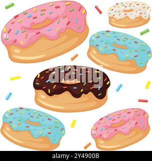 Verschiedene Donuts mit bunten Glasur und Streuseln Stock Vektor