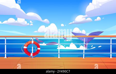 Blick vom Schiffsdeck mit Holzboden, Geländer und Rettungsschirm auf Meer oder Ozean mit wilden Walen, die im Wasser schwimmen und springen, mit großem Schwanz. Cartoon-Vektor-Seascape für Kreuzfahrt-Konzept. Stock Vektor