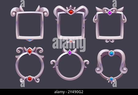 Silberner, mittelalterlicher königlicher Fantasy-Rahmen mit Edelsteinen für das ui-Design des Spiels. Zeichentrickvektor-Illustration Set aus grauem Metallkreis und quadratischem Avatarband oder Knopf mit blühendem Deko-Ornament und Diamanten Stock Vektor