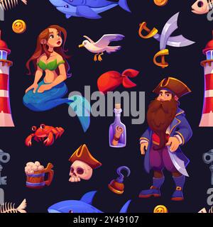 Cartoon Piratenspiel Charaktere und Objekte nahtloses Muster mit Meerjungfrau, Korsaar, Schwertern, Schatzmünze, Schädel, Krabbe und Leuchtturm mit Nachricht in der Flasche. Vektorfliese Hintergrund, Tapete für Kinder Stock Vektor