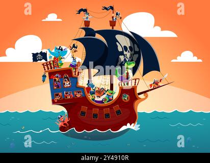 Piratensegelschiff mit tierischen Matrosenfiguren im blauen Ozean. Vektor-Cartoon Piratenschiff, Segelboot oder Brigantin mit Korsair-Crew an Deck, schwarzen Segeln, Flaggen und Kanonen. Lustiges Schiff der Seebauern Stock Vektor