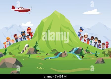 Eine Vektorillustration multiethnischer Kinder in verschiedenen Berufsgruppen beim Bergsteigen Stock Vektor