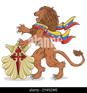 Wilder Löwe mit venezolanischer Flagge und Schild, Symbol der Stadt Caracas Venezuela Stock Vektor