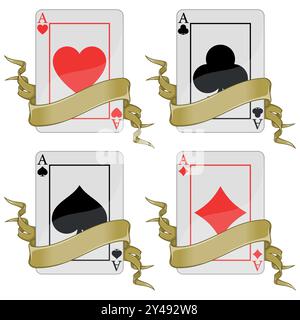 Vektordesign von Pokerkarten mit Bändern, Poker-Symbolen von Herz, Diamant, Klee und Ass Stock Vektor