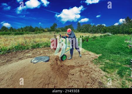 Der Arbeiter vergräbt Betonringe aus Klärgrube mit Sand und gießt ihn aus der Schubkarre. Stockfoto