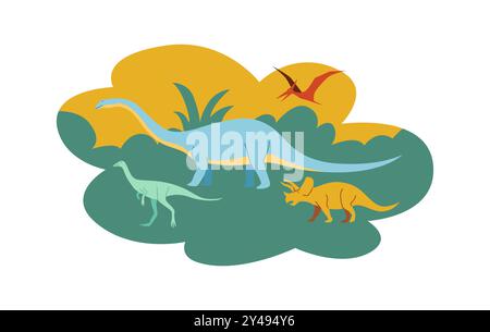 Verschiedene Dinosaurier laufen auf Gras flache Farbe Vektor Symbol Stock Vektor