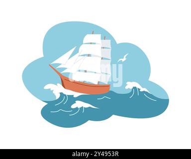 Schiff mit weißen Segeln in schäumenden Wellen flache Vektor-Symbol Stock Vektor