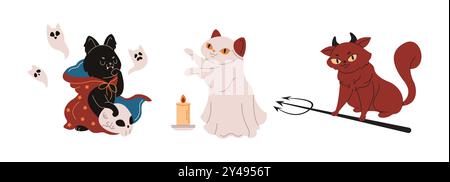 Halloween Katzen in Kostümen flache Farbe Vektor Zeichen Set Stock Vektor