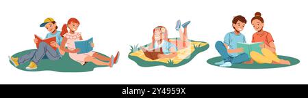 Glückliche Kinder lesen Bücher flache Farbe Vektor-Icon Set Stock Vektor