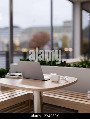 Ein Laptop, Bücher und Kopfhörer auf einem Holztisch in einem gemütlichen, modernen Café oder einem Co-Working-Bereich. 3D-Rendering, 3D-Abbildung Stockfoto