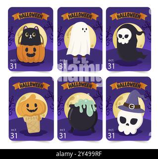 Niedliche Halloween-Charaktere im Kostüm - Geister, Katze, Schädel, Hexe, Eis, und Cauldron - festliche Feiertagsillustration Stock Vektor