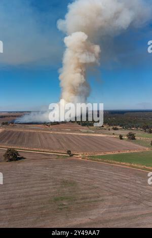 Luftbild eines fernen Buschfeuers, das auf trockenem Farmland bei Barooga in New South Wales, Australien, brennt. Stockfoto