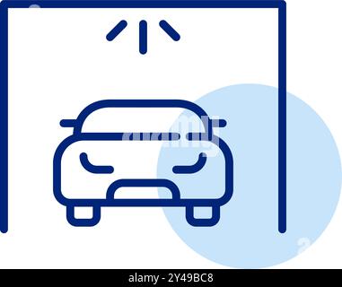 Auto-in-Box mit Sprinklern. Fahren Sie durch die automatische Waschanlage. Pixelperfektes, bearbeitbares Konturvektorsymbol Stock Vektor