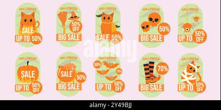 Halloween-Angebot mit niedlichen Illustrationen und Rabattangeboten für bis zu Prozent Rabatt Stock Vektor
