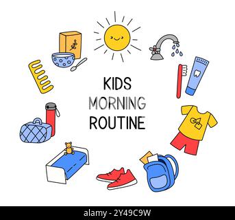 Kindermorgendroutine Vektor-Illustration. Clipart, Objekte, tägliche Aufgaben für Kinder vor der Schule. Vorbereitung bis Wochentag. Lustige Clip-Art Stock Vektor