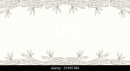 Bambus-Konturrahmen, horizontales Banner mit braunen Stäben und Blattsprossen, handgezeichnete Bambus-Doodles auf beigefarbenem Hintergrund. Vektorabbildung Stock Vektor