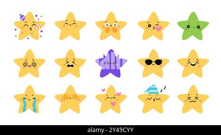 Süßes Kawaii-Star-Emoji. Lustiges kleines Maskottchen mit verschiedenen Emotionsausdrücken. Gelbe Zeichentrickfiguren für Kinder. Cartoon-Gesicht mit glücklichen Augen. Fröhlich Stock Vektor