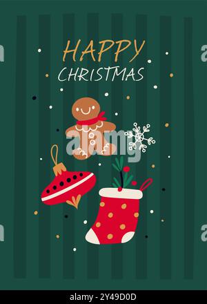 Weihnachtsgrußkarte. Poster zur Feier der frohen Weihnachtsfeier. Neujahrsgeschenke. Lebkuchen im Urlaub. Baumkugeln. Socke für Geschenke. Schneeflocken im Winter Stock Vektor