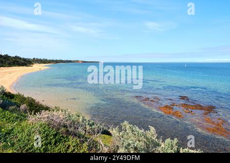 Blick auf die Küstenlandschaft und den Sandringham Beach in Port Phillip Bay an einem sonnigen Morgen vom Bay Trail in Melbourne, Victoria, Australien. Stockfoto