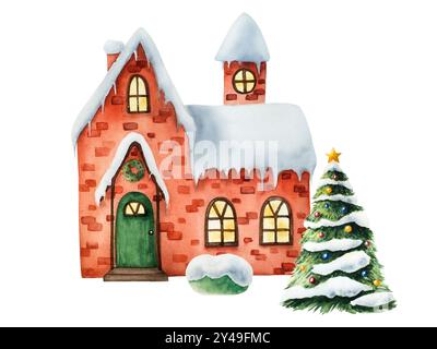 Winter schneebedecktes Haus. Weihnachtsbaum, Aquarell handgemalte Illustration isoliert auf Hintergrund. Für Designer, Dekoration, Shop, für Postkarten Stockfoto