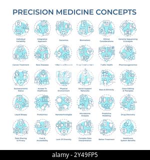 Präzisionsmedizin, sanftes Blau, Konzeptsymbole Stock Vektor