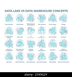 Data Lake vs Data Warehouse – weiche blaue Konzeptsymbole Stock Vektor