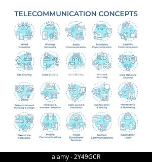 Telekommunikation sanfte blaue Konzeptsymbole Stock Vektor