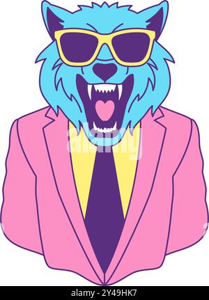 Y2K psychedelisch brüllender Wolf Geschäftsmann in Sonnenbrille funky konturierte Icon Vektor flache Illustration. Comic wütend wilde Raubtier Mode Tier in Eyeg Stock Vektor