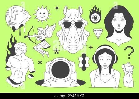 Y2K Black Line Retro groovy Icon Comic Skulptur Science Fiction Konzept Set Vektor flache Illustration. Psychedelisches Pferd in Sonnenbrille Frau Gree Stock Vektor