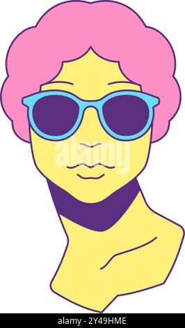Y2K funky antike Frau Büste in Sonnenbrille Mode zeitgenössische Pop Art konturierte Icon Vektor flache Illustration. Comic antike griechische weibliche Denkmal s Stock Vektor