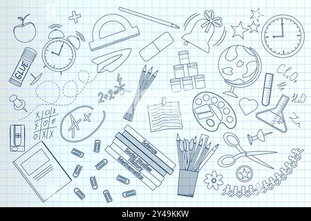 Vektor-Illustration von Back-to-School-Kritzeleien auf Graphpapier mit Schulbedarf, Büchern, wissenschaftlichen Elementen und künstlerischen Werkzeugen in handgezeichneten en en Stock Vektor