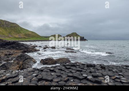 Der Giant's Causeway in Nordirland zeigt sechseckige Basaltsäulen entlang einer zerklüfteten Küste mit grünen Hügeln und Wellen, die auf Felsen stürzen Stockfoto