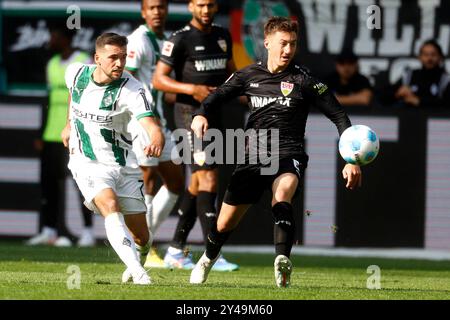 Mönchengladbach, Deutschland, Deutschland 1. Fussball-Bundesliga, 3.Spieltag, Borussia Mönchengladbach : VFB Stuttgart 1-3 14. 09. 2024 im Borussia Park in Mönchengladbach Kevin STÖGER (MG) li.- und Angelo STILLER (VFB) re.- Foto: Norbert Schmidt, Düsseldorf Stockfoto