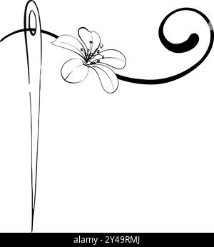 Vintage-Nadel mit Gewinde. Nähmode, Retro-Stil für Stiche, Schneiderei, Hobby und Basteln. Mit romantischer Blume. Grafische Vektorlinie, handgezeichnet Stock Vektor