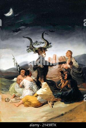 Hexensabbat [El aquelarre] des spanischen Künstlers Francisco de Goya (1746–1828), gemalt 1789–1798. Zeigt eine dämonische Ziege, symbolisiert den Teufel, präsidiert über eine Gruppe von Hexen unter einem Halbmond, die die Angst und den Aberglauben dieser Zeit symbolisieren. Stockfoto