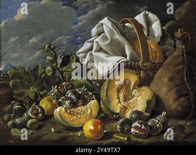 Stilleben mit Melon Figs Äpfeln Wineskin und Picknickkorb in einem Landschaftsgemälde von Luis Egidio Meléndez Stockfoto