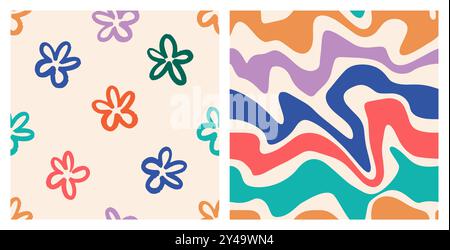 Naives, verspieltes, nahtloses Muster mit Doodle Daisy und Wavy Swirl. Moderne, farbenfrohe, trendige Hintergründe für Kinder. Trendiger Boho-Stil auf beigefarbenem Hintergrund. Stock Vektor