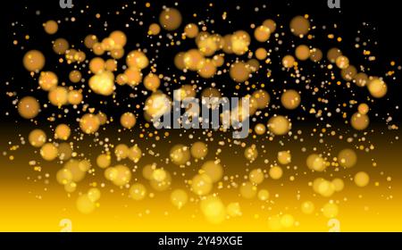 Das Bild zeigt einen goldenen Bokeh-Lichteffekt mit zahlreichen Kreisen unterschiedlicher Größe vor schwarzem Hintergrund, der unten in Gold übergeht Stock Vektor