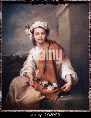 Das Blumenmädchen / Muchacha con flores von dem alten Meister des Malers Bartolomé Esteban Murillo (Seville1617–1682) Spanien. Im Rahmen. Stockfoto