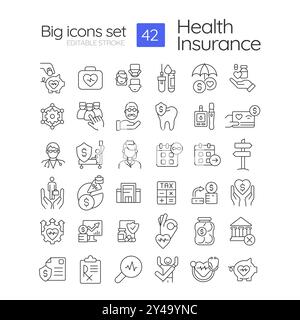 Krankenversicherung lineare Symbole gesetzt Stock Vektor