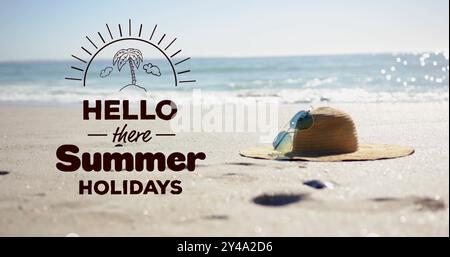 Bild von Hallo dort Sommerferien Text über Strohhut und Sonnenbrille am Strand Stockfoto