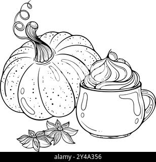 Komposition mit Kürbis und Latte Line Art Stock Vektor