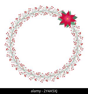 Weihnachtskranz mit roten Beeren und einer roten Blume, mit einem Platz für Text. Vektorabbildung. Stock Vektor