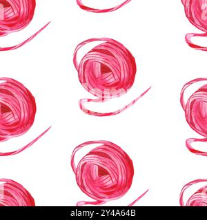 Nahtloses Aquarellmuster. Stricken, Kugeln aus rosafarbenem Garn, handgezeichnete Wolle mit Aquarell. Hobby. Aquarellabbildung. Geeignet zum Drucken Stockfoto