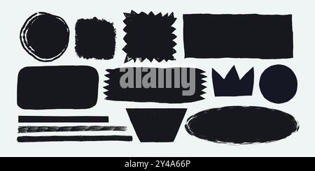 Ebenenform mit rauen abgerissenen Kanten. Verschiedene Figuren im Grunge-Stil mit gerissenem Rand. Schwarze Vektorcollage zerrissenes Papierstück oder Vintage-Farbfleck Stock Vektor